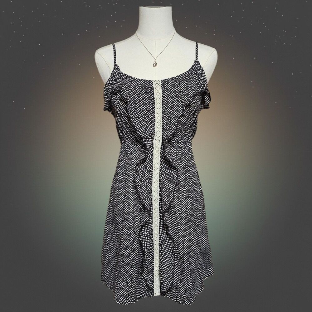 Umgee USA Black‎ White Polka Dot Ruffle Crochet Lace Mini Dress Womens Small